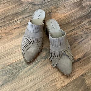 Hinge Rally Suede Leather Fringe Block Heel